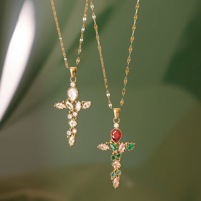 18K Gold Cross Inlaid Gemstone Design Exquisite Fashion Necklace - ELEMODA
