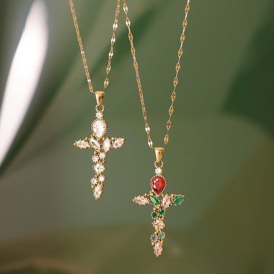18K Gold Cross Inlaid Gemstone Design Exquisite Fashion Necklace - ELEMODA