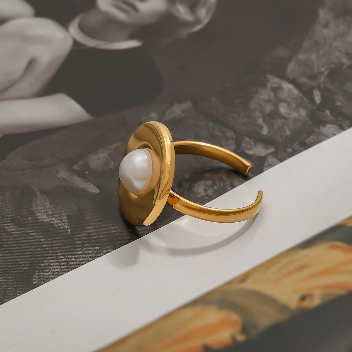 18k gold titanium steel pearl ring - ELEMODA