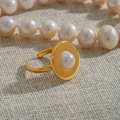 18k gold titanium steel pearl ring - ELEMODA