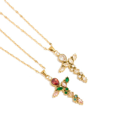 18K Gold Cross Inlaid Gemstone Design Exquisite Fashion Necklace - ELEMODA